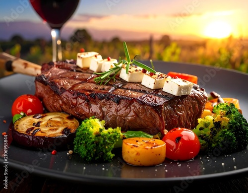 A perfectly grilled steak with cheese on top and assorted vegetables on a plate
