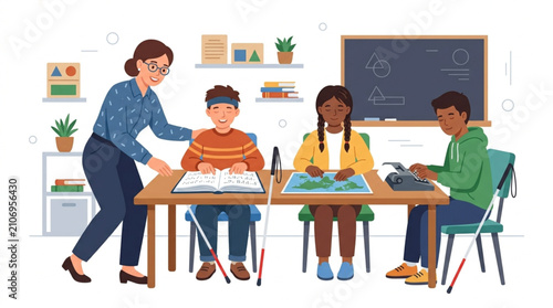 A caring teacher assists diverse students, including visually impaired children using braille and tactile maps, in a brightly lit classroom with educational materials displayed throughout