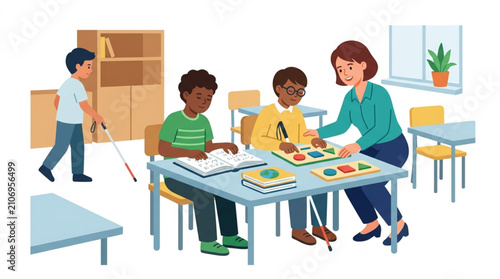 A kind teacher assists diverse students with learning activities, including a visually impaired boy using a cane, in a bright classroom setting