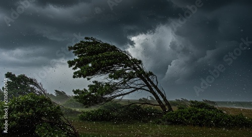 Stormy landscape windswept trees under dark and dramatic clouds