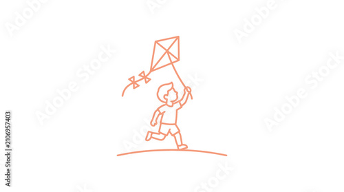 Child flying kite on a hill line icon.