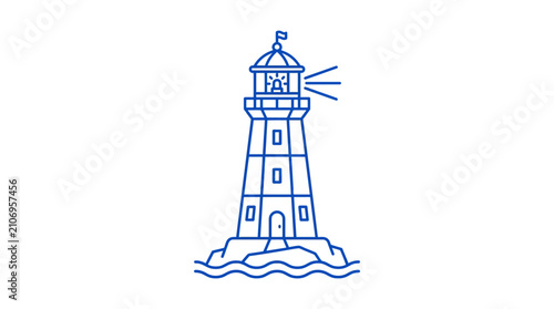 Detailed blue lighthouse on island icon.