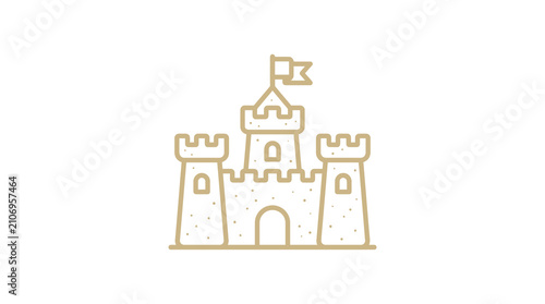 Detailed line art sandcastle with multiple towers and flags.