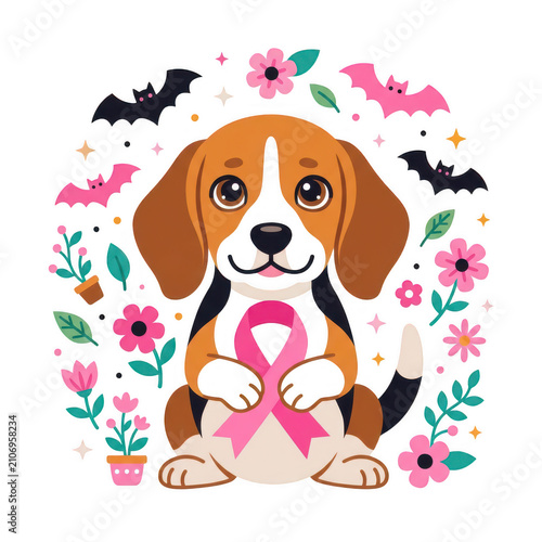 Beagle puppy supporting breast cancer awareness in october