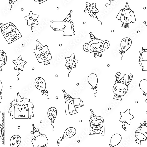 Holiday birthday animal seamless pattern set featuring dog crocodile monkey bear rabbit toucan zebra hippopotamus sloth star balloon party hat