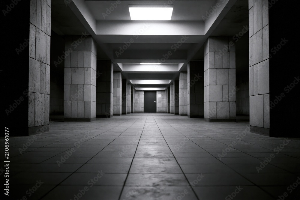 Obraz premium The Endless Concrete Corridor Extending Through a Dimly Lit Industrial Hall