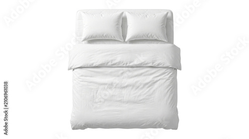 Foto Overhead view of a perfectly made white bed with two pillows and fresh duvet isolated png