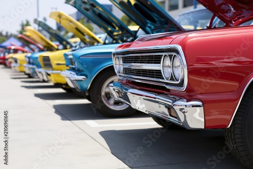 The Colorful Classic Car Lineup with Open Hoods at a Sunny Show