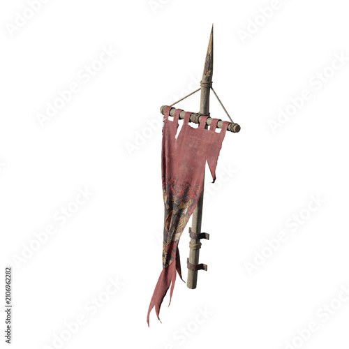 Картината върху платно A weathered medieval red banner hanging from a wooden spear isolated on white background