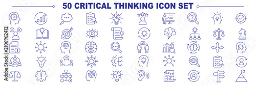 Tableau sur toile Critical thinking icons set representing problem solving, analysis, logic, decision making, evaluation, strategy, reasoning and smart thinking concepts in clean outline style