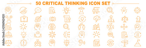 Photography Critical thinking icons set representing problem solving, analysis, logic, decision making, evaluation, strategy, reasoning and smart thinking concepts in clean outline style