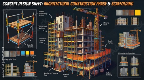 Architectural Construction Phase and Scaffolding Concept Design Sheet Illustration.