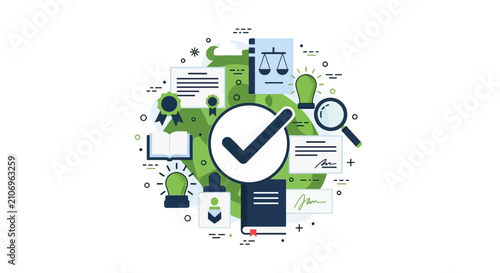Compliance and Quality Assurance Vector Illustration: Legal, Certification, and Educational Concept Icons with Central Checkmark