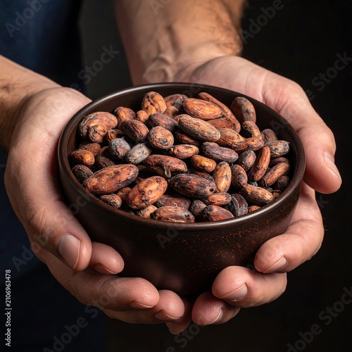A person cradles a bowl of roasted cacao beans in their hands