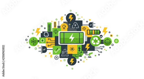 Sustainable Green Energy and Renewable Battery Technology Concept Illustration with Eco Icons and Power Symbols for Clean Environment