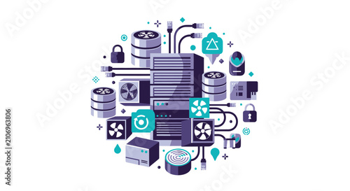 Flat Vector Illustration of Data Center Infrastructure and Cloud Computing Server Racks with Network Security Icons and Database Storage