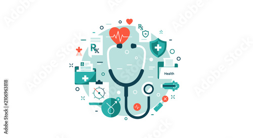 Healthcare and Medical Services Concept Flat Illustration with Stethoscope, Heart Pulse, Rx Prescriptions, and Patient Records