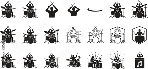 Collection of black and white illustrations of various musical instruments and musicians
