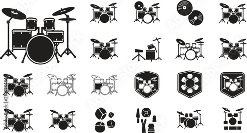 Collection of drum set icons and symbols drum kits cymbals percussion instruments with drum kit