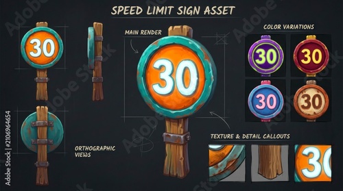 Artistic Speed Limit Sign Asset with Color and Texture Variations.
