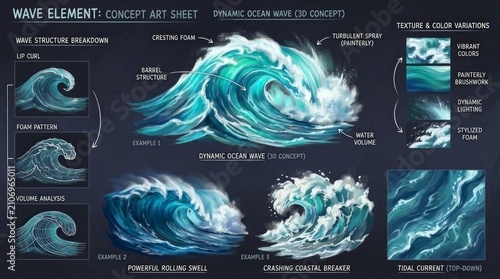 Artistic Wave Element Concept with Detailed Illustrations and Color Variations.