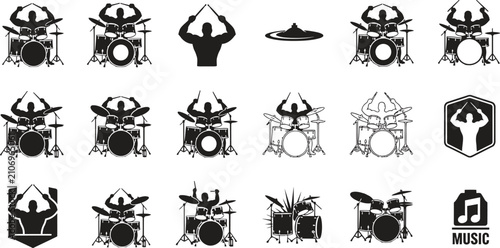 Various drum set icons and symbols with a person playing drums bass drum hi hat tom toms