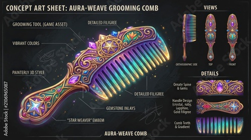 Aura-Weave Grooming Comb Concept Art Sheet with Detailed Design.