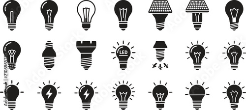Assorted light bulb icons in black and white with various designs and styles light bulbs lighting