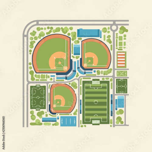 Flat Design Aerial View of Municipal Sports Complex with Baseball Diamonds and Soccer Fields