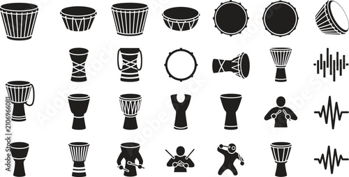 Assorted drum and percussion icons in black and white with drum set instrument icon design element