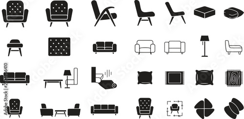 Assorted furniture icons including chairs sofas tables with living room furniture armchair