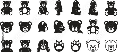Assorted teddy bear icons in black and white with different expressions and accessories, character