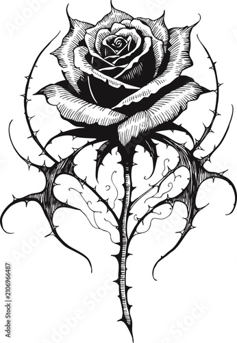 Black and white floral design with gothic rose illustration and brain texture for artistic tattoo prints or creative decor.