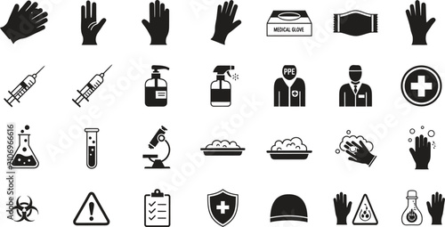 Set of various safety and hazard icons including medical industrial environmental symbols