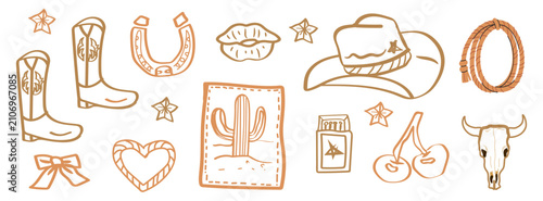 Quadro su tela Western Cowboy line art illustration, Hand Drawn cowgirl aesthetic Doodles Vector set with boot, hat, horseshoe, cactus, and cherry for trendy stickers, patterns, and graphic design