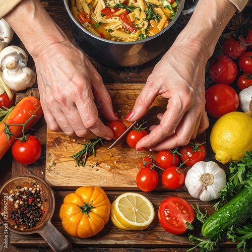 A person cutting a small tomato on a wooden board surrounded by various vegetables and a pot