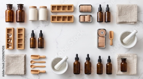 Apothecary supplies arranged on marble countertop with wooden tools  