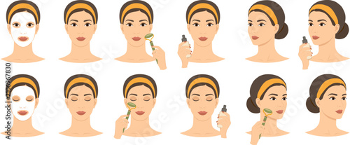 Woman Daily Skincare Routine Set with Facial Mask Jade Roller and Serum Bottle Vector Beauty Illustration. Female Face Skincare Collection Big Set. Front Side Views