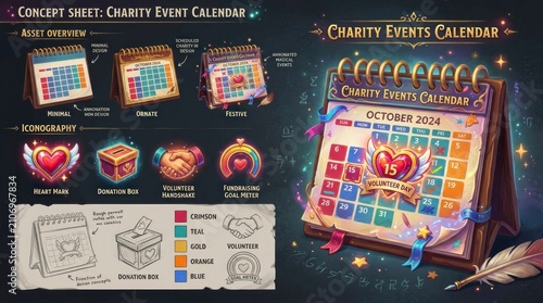 Charity Events Calendar Concept Sheet with Heart and Donation Icons.
