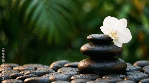 Photography Stacked black zen stones with water drops and delicate white orchid flower, serene background of lush green foliage in soft light
