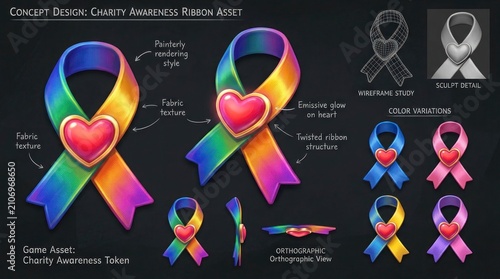 Colorful Awareness Ribbons with Hearts - Design Elements for Various Causes.