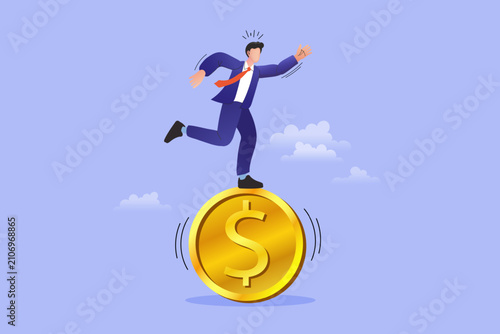 Photography Businessman balancing on rolling gold dollar coin on soft purple blue background