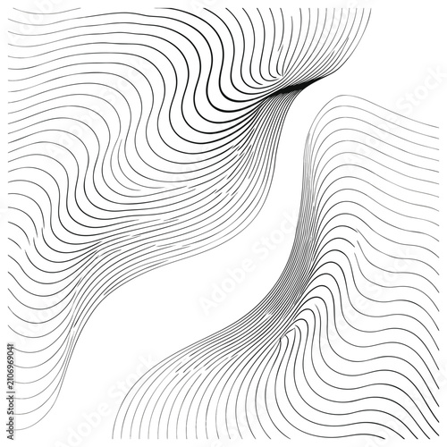Abstract wave lines in black and white pattern for modern background art, dynamic motion flowing design element.