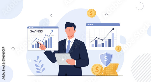 Businessman analyzing financial growth charts and savings with coins and shield, representing investment and security.