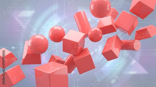 Futuristic pink cubes and spheres floating in a dynamic, abstract digital space.