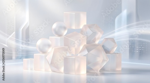 Geometric shapes with ribbon in a modern abstract composition on a light.