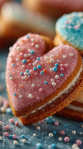 Heart shaped cookies with sprinkles on a table love background