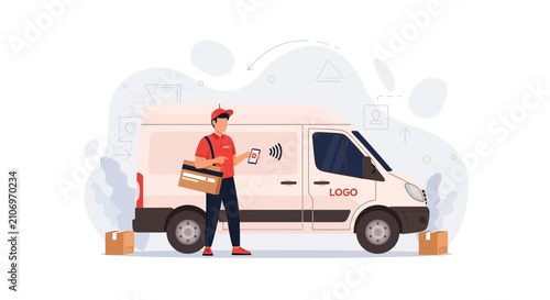 Delivery driver using smartphone near van for logistics and contactless delivery services, vector illustration.