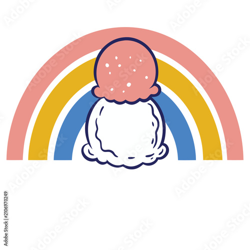 Cute illustration of two scoops of ice cream on a rainbow with pastel colors, fun and delicious treat.
