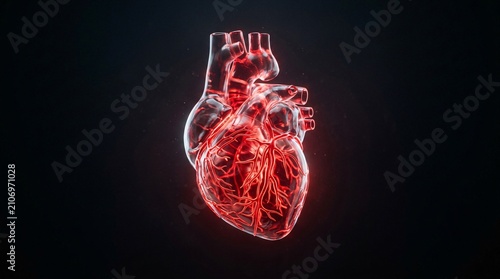 Glowing crimson anatomical human heart floating in a dark space, showing a transparent glass texture and bright luminous internal veins.